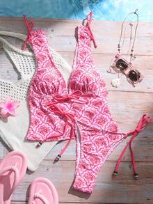 Swim Mod Nuovo costume da bagno estivo da donna a due pezzi, con stampa floreale geometrica, casual e carino, con schiena scoperta e lacci, adatto per le vacanze - Rosa - Visualizzare 5