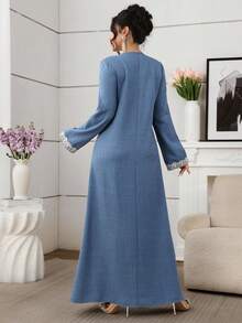 Al Najma Embroidered Loose Elegant Long Sleeve Turkish & Arabic Traditional Maxi Dress For Women Kaftan Jalabiya Dress - Blue - View 2