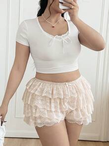 CovetEZ Plus Size Women Casual Solid Color Ruffle Hem Bow Decor Shorts, Suitable For Spring And Summer Lace Bloomers Lace Shorts Ruffle Shorts - Beige - View 9
