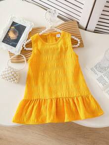 SHEIN Playful Pals 女婴荷叶边无袖纯色连衣裙，简约休闲夏季舒适百搭公主裙，适合外出或叠穿 - 黃色 - 查看 3