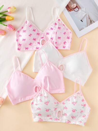 Tween Girls Bras And Bralettes-Pack Of Four Soft Stretch Spaghetti Strap Bralettes Floral And Solid Pink White Pastel Striped Keyhole Front Seamless Comfort Everyday Sleep Lounge Youth Underwear Essentials All Season Versatile Cute 2026 Holiday Little Girl Bras Kawaii Lingerie Cute Underwear Sets Teen Girls Underwear Bras For Teens