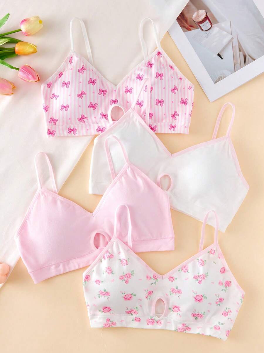Áo ngực và áo lót không gọng cho bé gái tuổi teen - Bộ bốn chiếc áo lót không gọng mềm mại, co giãn, dây mảnh, họa tiết hoa và màu hồng trắng pastel kẻ sọc, khoét lỗ phía trước, không đường may, thoải mái hàng ngày, đồ ngủ, đồ mặc nhà, đồ lót thiết yếu cho thanh thiếu niên, đa năng, dễ thương, thích hợp cho mọi mùa, 2026, dịp lễ hội. - Nhiều màu - Xem 1