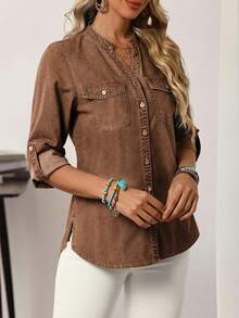 EMERY ROSE 大码休闲水洗缺角领纽扣前襟牛仔衬衫 - 咖啡棕 - 查看 4