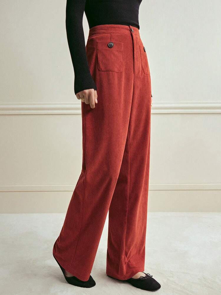 Écloséra Pantalones rectos de pana con bolsillos de talle medio para mujer - Marrón - Ver 5