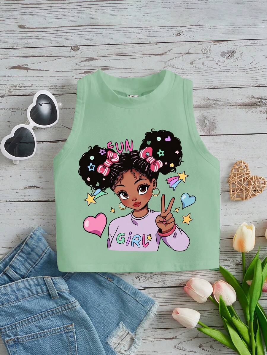Áo tank top cổ đứng in hình hoạt hình phong cách thường ngày cho bé gái, thích hợp cho mùa hè, áo croptop ôm sát cho bé gái > Áo croptop dáng ôm cho trẻ em gái - màu xanh lá - Xem 1