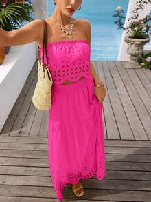 Vivid Eden 女士无肩带镂空荷叶边露脐上衣和半身裙休闲度假套装，纯色/格子/条纹/休闲款 - 玫紅色 - 查看 7