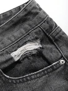 DAZY 女款寬鬆百搭牛仔褲，破洞撞色配口袋，日常休閒穿搭必備 - 深灰色 - 查看 7