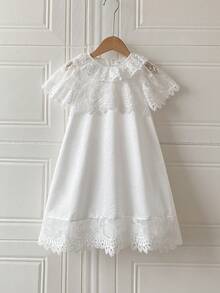PrepCrw 1pc Young Girls Elegant White Summer Flower Girl Lace Embroidered Decor Collar Short Sleeve Knit Dress,Suitable For Wedding,Party,Festival Outings - White - View 5