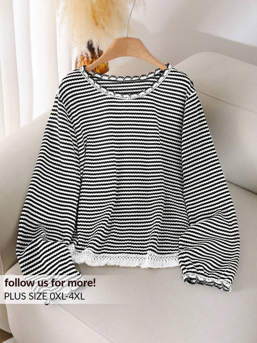 CosyJoli Plus Size Women Crew Neck Striped T-Shirt With Tassel Hem Design, Casual All-Match Versatile Tee/Fall/Winter - Black - View 1