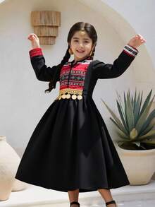 Young Girls Patchwork Geometric Print Long Sleeve Dress,Sequin & Tassel Trim,Elegant Black Autumn Traditional Party Dress For Girls,Casual Outfit - Black - View 1