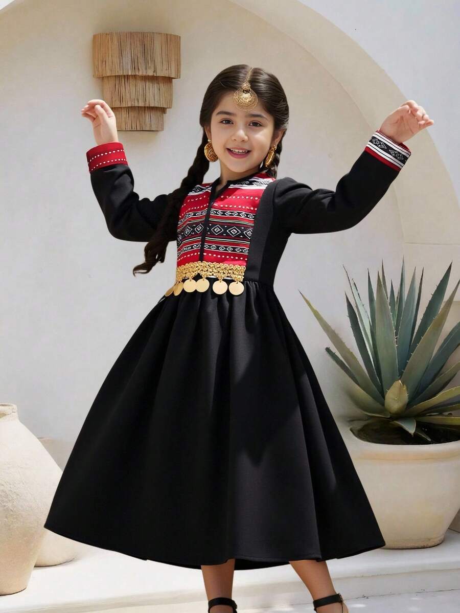 Young Girls Patchwork Geometric Print Long Sleeve Dress,Sequin & Tassel Trim,Elegant Black Autumn Traditional Party Dress For Girls,Casual Outfit - Black - View 1