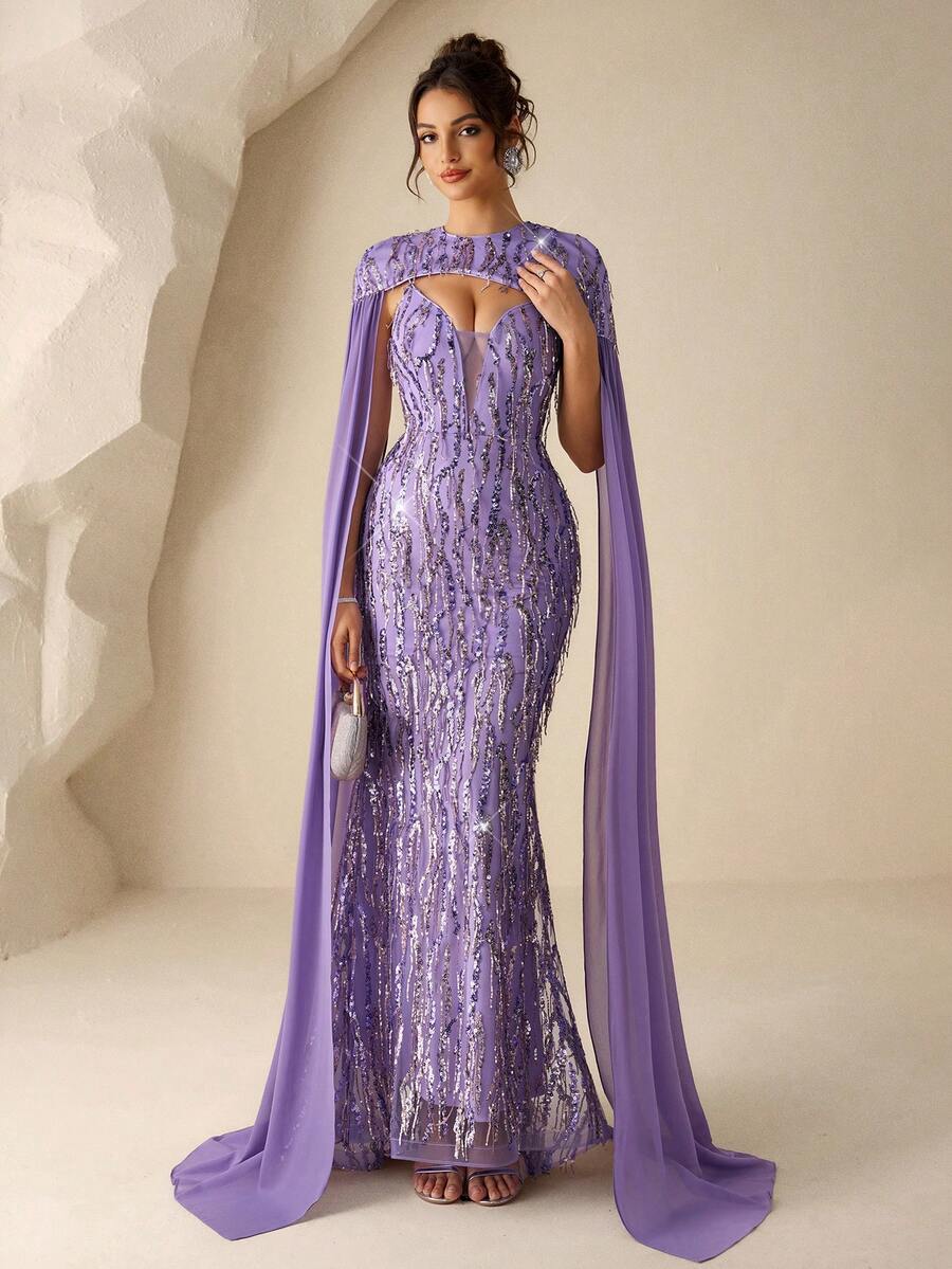 Coutiva A Luxurious And Elegant Full-Length Sequined Dress In Shiny Purple, With Spaghetti Straps, A Fitted Silhouette, A Zipper Closure And A Fishtail Hem, Along With A Large Sequined Chiffon Shawl. It Is Perfect For Parties, Weddings, Festivals And Spring. Luxury Dress Lilac Dress Elegant Gowns Glamorous Dress  Graduation Ceremony, School Opening, Music Festival, Birthday Party, Wedding, Afternoon Tea Gathering, Ball
