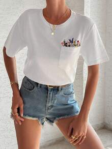 EURMUSE 100%Cotton T-Shirt With Flower Embroidery, Round Collar, Pocket Details - White - View 4
