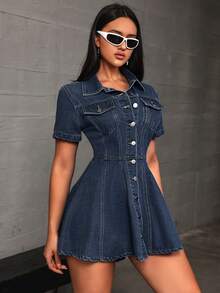 Rivivi Women's Short Sleeve Single-Breasted Casual Denim Shirt Dress - Navy Blue - View 4