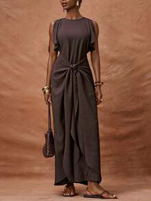 Zivah 2026春夏新品，适合情人节、音乐节、复活节、西部风、游牧风、波西米亚风、纳什维尔风、派对、婚礼、晚宴、约会、聚会、生日、学院风、学生装、日常休闲、百搭基础款、休闲、度假、邮轮旅行、海滩、日光浴、潮流、优雅、通勤、商务休闲等场合。圆领、腰部系带、宽松长裙、深棕色长款连衣裙、春夏连衣裙、派对连衣裙、度假连衣裙、休闲连衣裙、女装 - 咖啡棕 - 查看 9