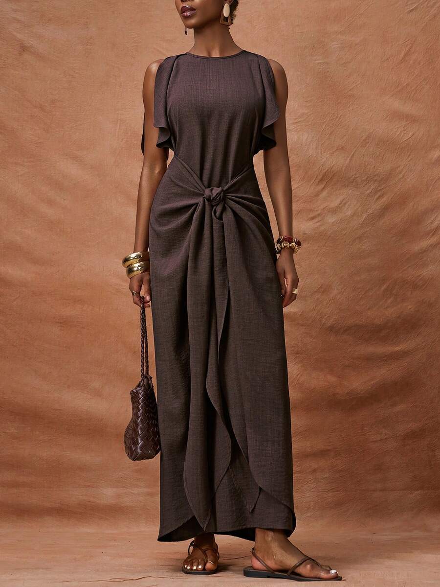 Zivah 2026 Spring & Summer New Arrival, Suitable For Valentine's Day, Music Festival, Easter, Western Style, Nomadic Style, Bohemian, Nashville, Party, Wedding, Evening Event, Date, Gathering, Birthday, College Style, Student Wear, Daily Casual, Basic Versatile, Leisure, Vacation, Cruise Travel, Beach, Sunbathing, Trending, Elegant, Commute, Business Casual, Round Neck, Waist Tie-Up, Loose Long Dress, Dark Brown Maxi Dress, Spring & Summer Dress, Party Dress, Vacation Dress, Casual Dress, Women Dress