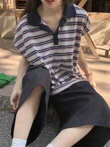 DAZY Women's Loose Striped Polo Collar Cap Sleeve T-Shirt - Blue - View 4