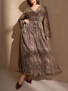 Chikora Abito elegante di media lunghezza con scollo a V, maniche a lanterna, plissettato, con stampa floreale e leopardata, adatto per resort, abiti da spiaggia, abiti da sole, outfit bohémien da vacanza, taglie comode per donna - Multicolore - Visualizzare 7
