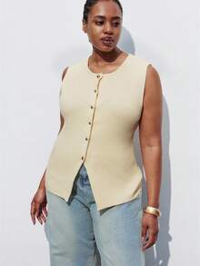 Maija 大码女装夏秋季休闲纯色前开襟无袖针织上衣，商务休闲都市通勤办公服，教师毛衣背心开衫 - 米色 - 查看 6