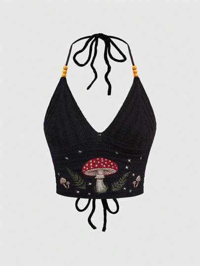 ROMWE Spring/SummerbeachHippie Vacation Style Mushroom Plant Embroidered Beaded Women Knit Sweater