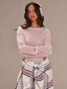 Athîral 女士休闲褶皱纯色圆领长袖衬衫 - 淺粉色 - 查看 3