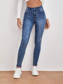 SHEIN PETITE Women's Casual Ripped Skinny Slim Fit Pencil Leg Jeans - Medium Wash - View 1