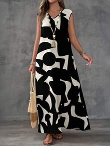 EMERY ROSE Đầm nữ cổ chữ V họa tiết hình học, thích hợp cho mọi mùa, đầm hè cho nữ, đầm đi nghỉ mát, đầm đen, đầm thường ngày. - Nhiều màu - Xem 4