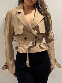 RebeccaVibe Áo khoác trench coat nữ thời trang thu đông mới thanh lịch, thời trang thường ngày, đa năng, thoải mái, đi làm, màu kaki, túi thắt lưng, phong cách Old Money, phong cách Old Money, trở lại trường học, giáo viên, mùa đông, mùa thu, công sở, áo khoác trench coat nữ, áo khoác ngắn, áo khoác blazer nữ, cổ chữ V, bộ vest vải lanh pha trộn, không cổ, tay dài, áo khoác nhẹ, mùa thu/sân bay/đi chơi - Màu Khaki - Xem 6