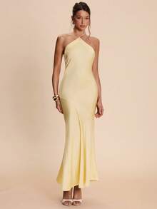 SHEIN BAE 奶油黄露背系带修身缎面鱼尾连衣裙，优雅适合早午餐、伴娘、派对、正式场合、生日、情人节等场合。 - 黃色 - 查看 3