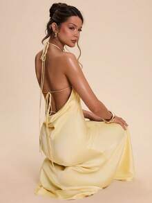 SHEIN BAE 奶油黄露背系带修身缎面鱼尾连衣裙，优雅适合早午餐、伴娘、派对、正式场合、生日、情人节等场合。 - 黃色 - 查看 1