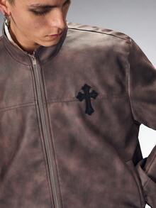 ROMWE MEN Street Life Men's Long Sleeve Zip Front Cross Graphic Embellished Punk Leather Jacket - Black - View 2