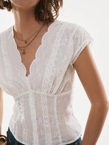 Poéselle 女士时尚法式网纱刺绣纽扣衬衫 - 白色 - 查看 4