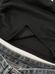 SHEIN 少女纯色星形图案褶皱吊带背心，适合休闲穿着 - 黑色 - 查看 7