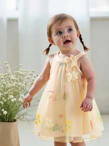 SHEIN Infant/Baby GirlApricot Embroidered Sleeveless A-Line Princess Dress With Bow, Sweet Round Neck, Versatile For Daily Outings, Spring - Apricot - View 9