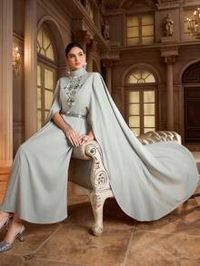 Al Najma Women's Elegant Arabic Style Dress With Beaded Cloak Sleeves Luxury Dress For Women Modest Dress Beaded Embroidery Dress - Green - View 8