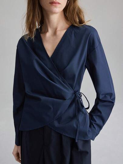 Ontre 2026 New Women's Shirt, Valentine's Day, V-Neck, Solid Color, Navy Blue, Pleated, Minimalist Elegant, Women's Autumn/Winter , Resort Party, Holiday, Women's Office Wear, Professional Attire, Casual Women's Wear, Versatile, Urban Chic, Guest Attire, Back To School, Comfortable Casual, Commuter Friendly, Women's Versatile Apparel, Fashionable Women's Top, Teacher, Women's Blouse, Long Sleeve