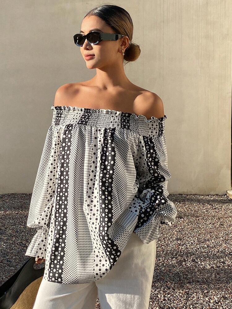 Striped & Polka Dot Floral Print Off Shoulder Ruffle Trim Loose Long Lantern Sleeve Elegant Vacation Blouse For Women, Spring/Autumn Boho