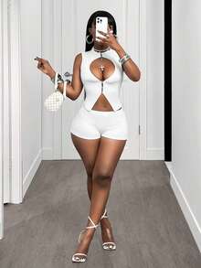 Swim SXY Bộ đồ dự tiệc gợi cảm dành cho nữ: Áo và quần short cổ tròn khoét ngực, vạt bất đối xứng. - trắng - Xem 6