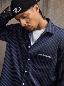 AXEPEAK 男士休闲通勤条纹衬衫和裤子套装 - 藍色 - 查看 1