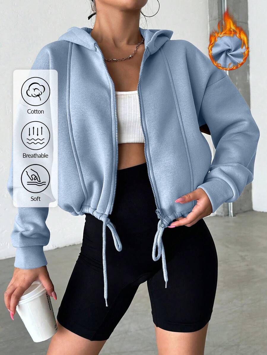 SHEIN Cottnline Drop Shoulder Drawstring Hem Thermal Zip Up Sweatshirt - Baby Blue - View 1