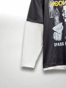 NEON BLANC 男士街头复古T恤 - 仿两件式宽松人像印花长袖 - 深灰色 - 查看 5