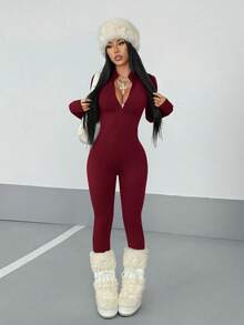 StreetHx Bộ áo liền quần dài tay màu trơn kiểu dáng đường phố dành cho nữ, có khóa kéo nửa thân, thích hợp cho mùa thu. - Màu Đỏ Sâu - Xem 6