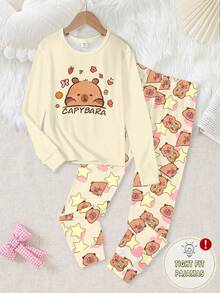 SHEIN 2pcs/Set Girls Cute Bear Animal Print Yellow Top & Bear Star All-Over Print Crew Neck Long Sleeve Leggings Knit Fabric Comfortable Stretchy Snug Fit Loungewear Set Fall Winter Snug Fit Kawaii Pajamas - Multicolor - View 4