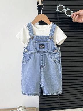 Young BoyNew Washed Blue Casual Loose Denim Bib Overalls With Pockets, Snap Button Decor, Easy To Wear, Versatile & Fashionable For Daily Wear