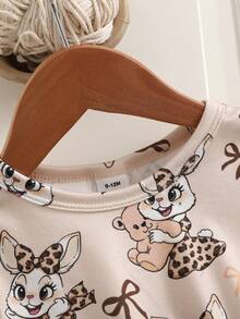 SHEIN Đầm dài tay dáng chữ A cổ tròn, eo thon, in hình thỏ vintage, chất liệu co giãn, thích hợp cho bé gái mặc hàng ngày và mặc ở nhà, mùa xuân. - Màu Khaki - Xem 5