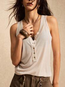 Easelle 复古休闲纽扣宽松无袖女式背心 - 彩色 - 查看 7