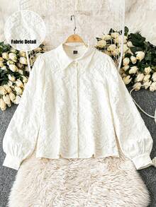 DreamSkyne 加大码女式纯色提花面料翻领灯笼袖休闲通勤时尚优雅复古浪漫衬衫，杏色 - 杏色 - 查看 3