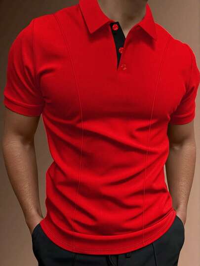 Manfinity Homme Men's Red Short Sleeve Casual/Business Polo Shirt,Men Old Money,Daily Leisure, Weekend Trips, Outdoor Activities, Travel Expeditions, Relaxed Work Environments Or Semi-Formal Occasions, Boyfriend/Husband Gift, Anniversary /Birthday Gift Party Summer Vacation Holiday,Wedding,Red Polo Shirt Men,Mens Golf Shirt,Men's Classic Red Polo Shirt With Black Button Placket Short Sleeve Design Slim Fit Top