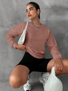 EURMUSE 女士休闲日常通勤简约纯色落肩宽松套头卫衣，春秋季 - 藕粉色 - 查看 4