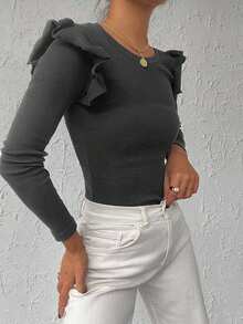 EURMUSE Camiseta de punto acanalado con ribete de volantes 95% algodón - Gris - Ver 3